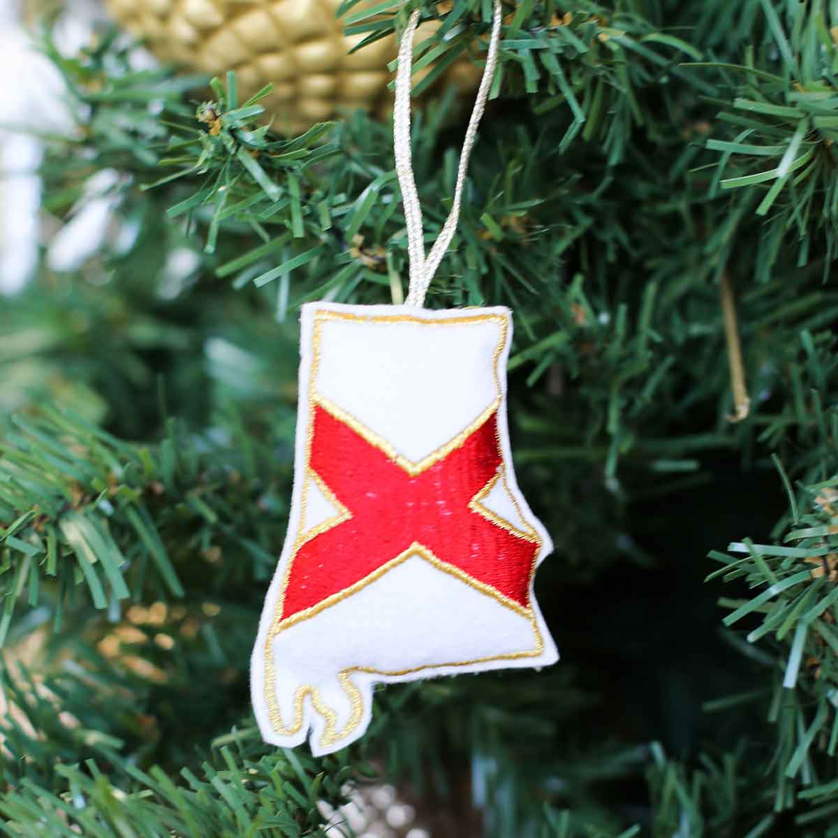 Embroidered Alabama Ornament White/Red 2.5x3.5
