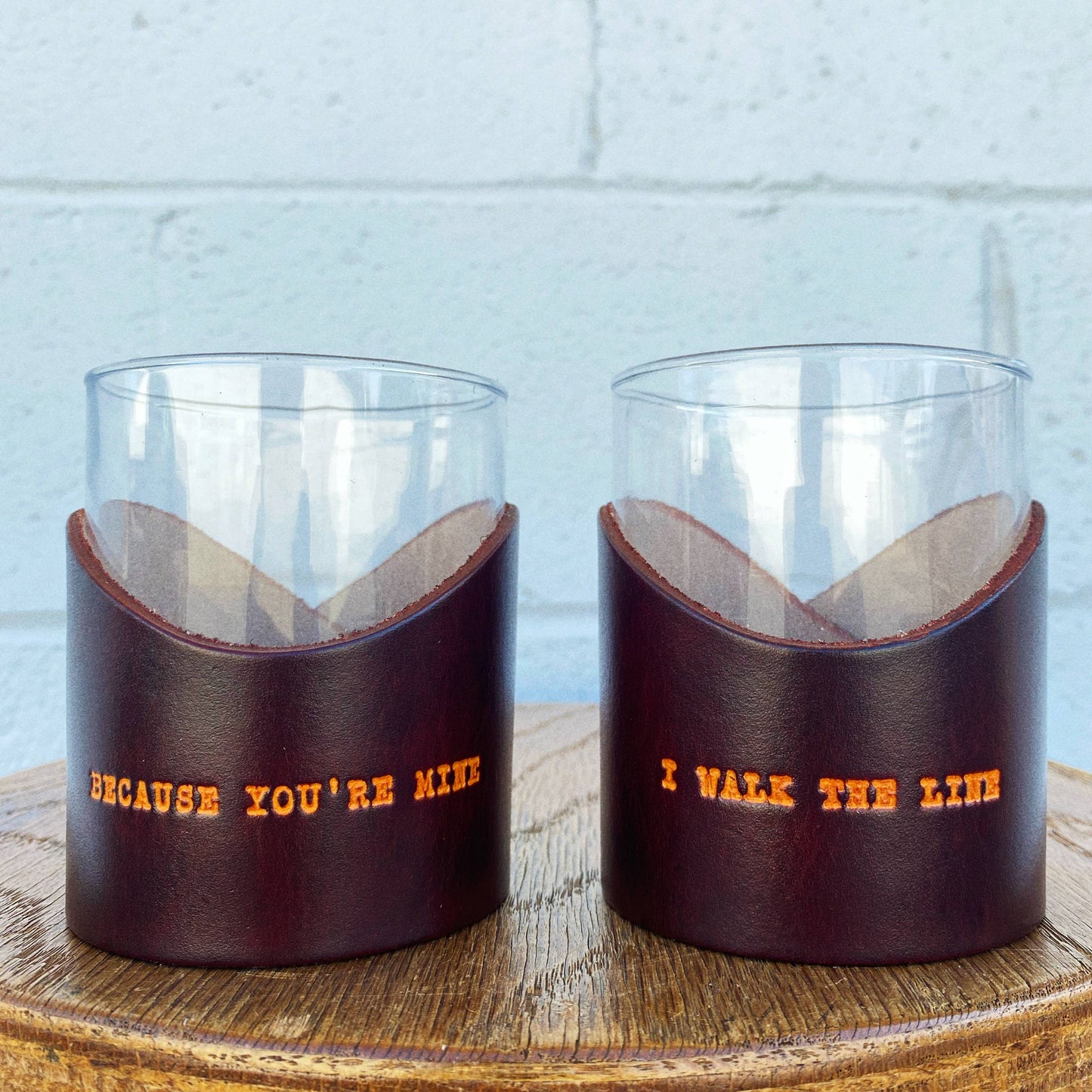 SET Leather Johnny Cash Rocks Glass Set - Leather Wrap Barware