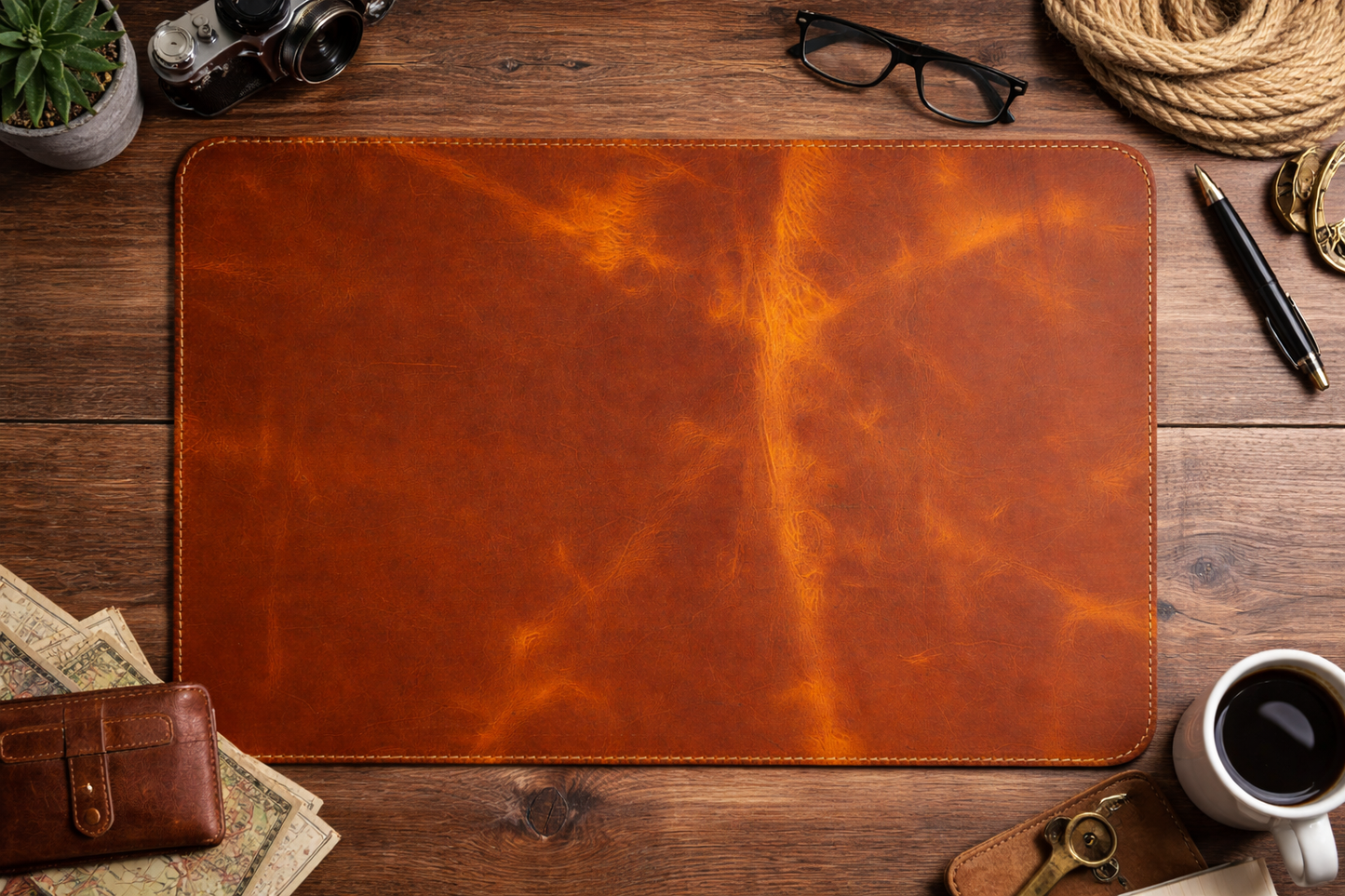 Premium Genuine Leather Mouse Pad, Stitched Edges : Light Brown, Medium