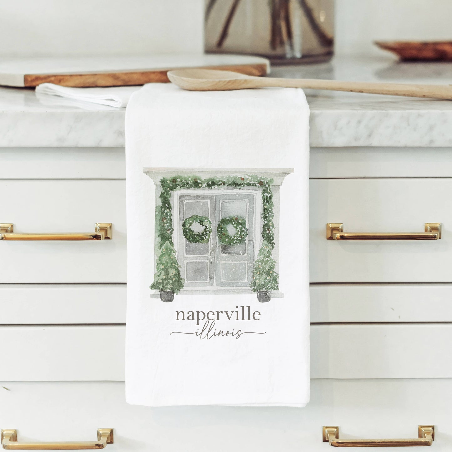 Custom Christmas Doors Tea Towel: Natural