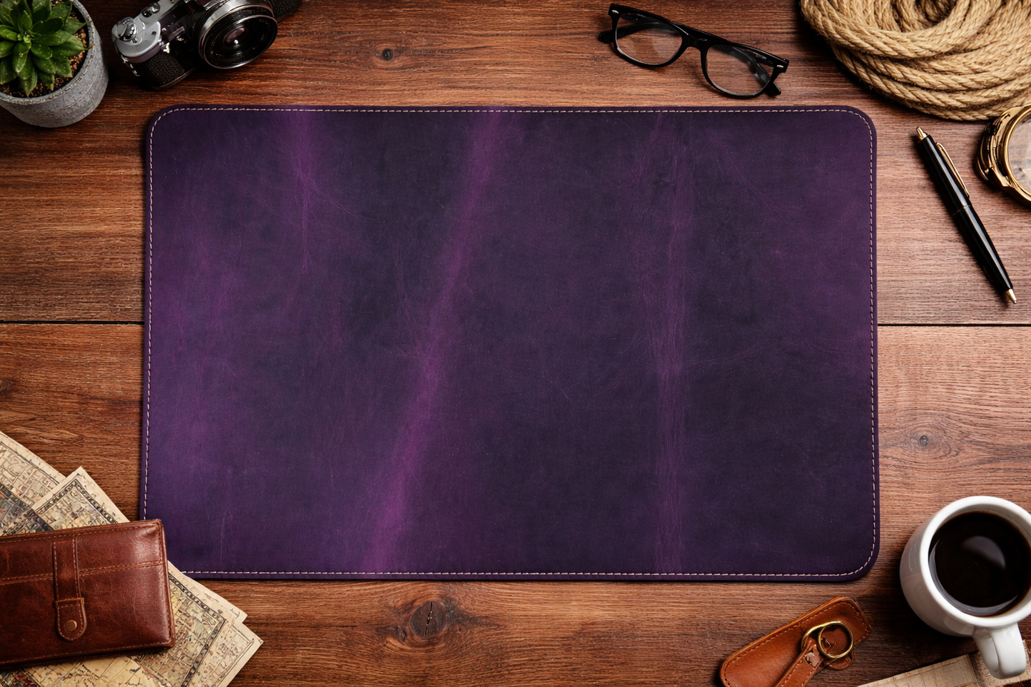Premium Genuine Leather Mouse Pad, Stitched Edges : Light Brown, Medium