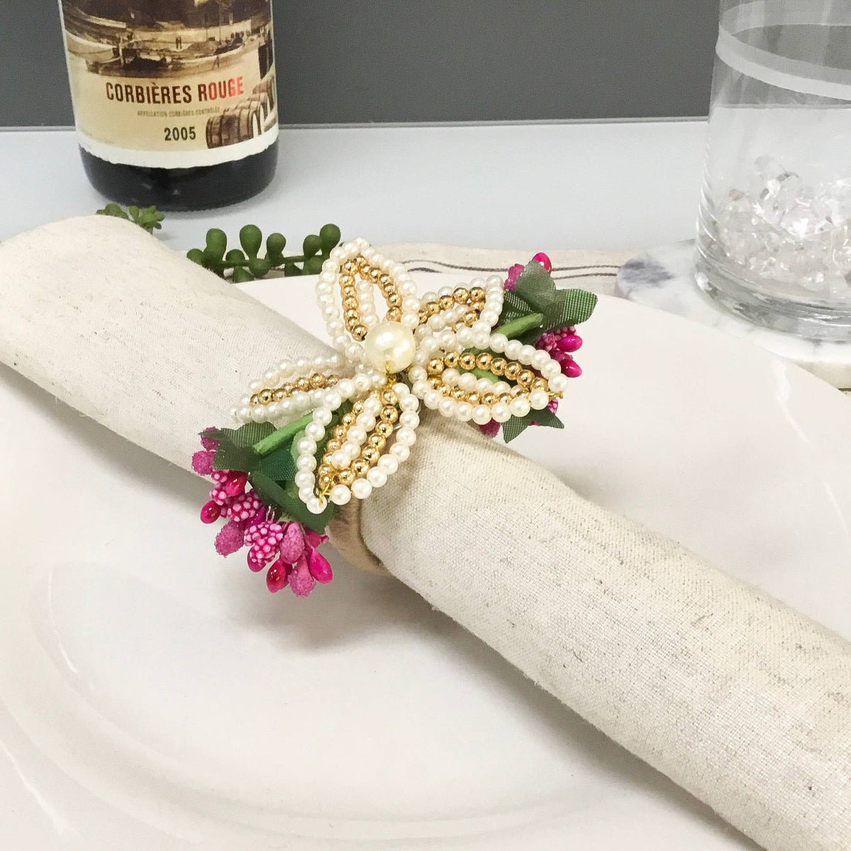 Pearl & Gold Lily Napkin Ring - Green & Pink