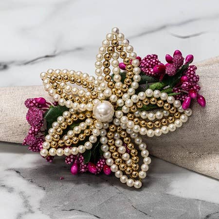 Pearl & Gold Lily Napkin Ring - Green & Pink