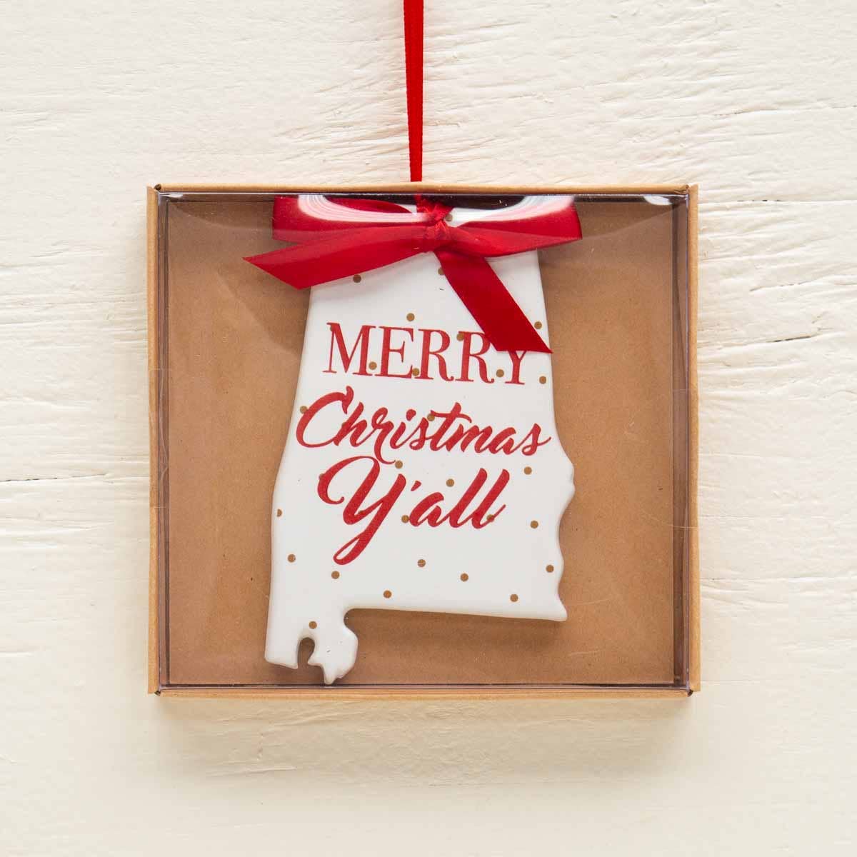 Alabama Merry Christmas Y'all Ornament   White/Red/Gold   4"