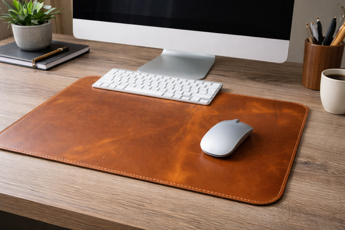 Premium Genuine Leather Mouse Pad, Stitched Edges : Light Brown, Medium