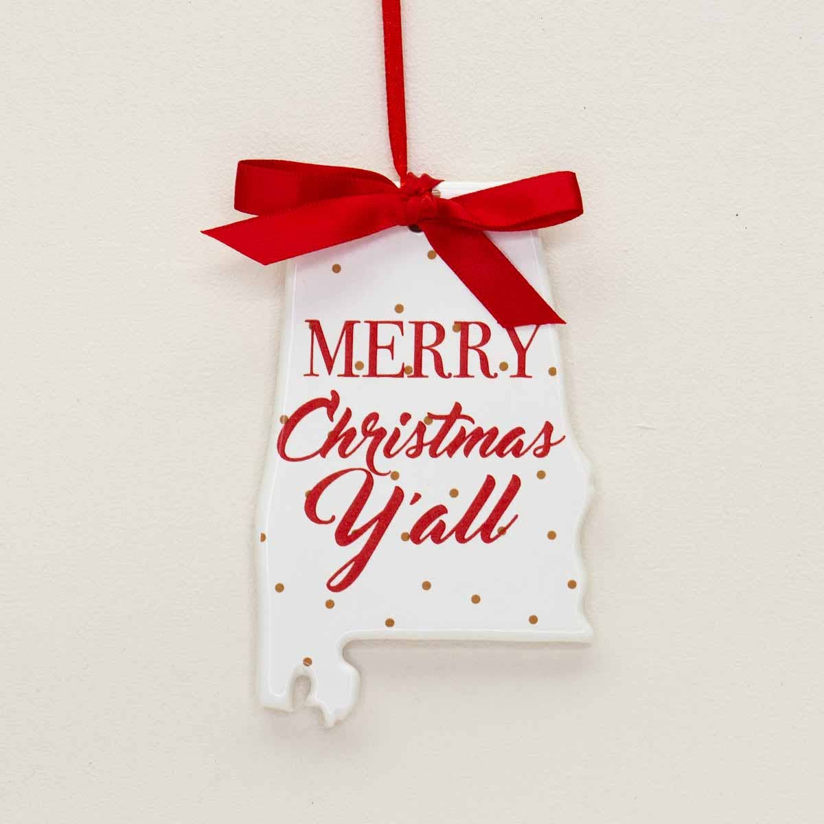 Alabama Merry Christmas Y'all Ornament   White/Red/Gold   4"