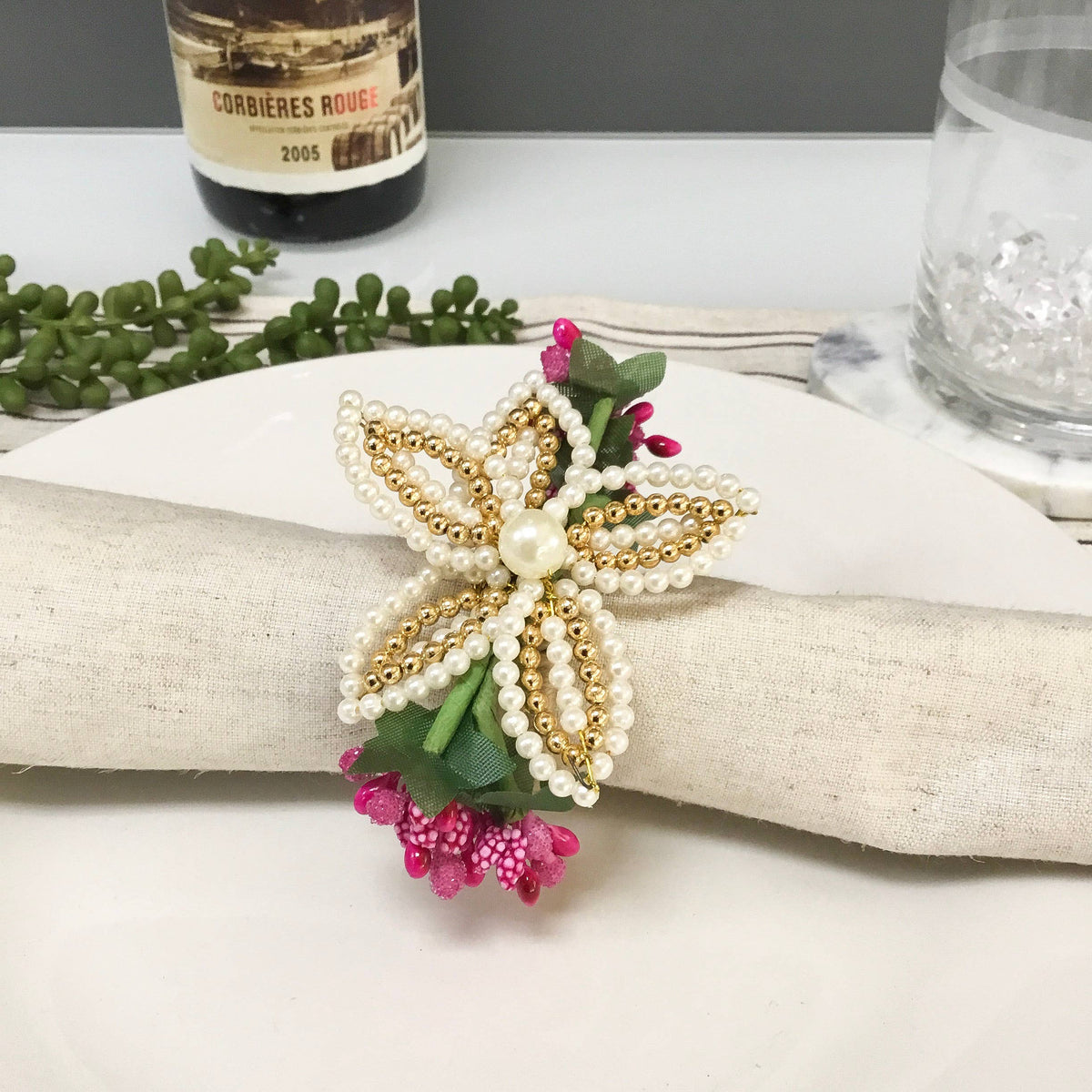 Pearl & Gold Lily Napkin Ring - Green & Pink