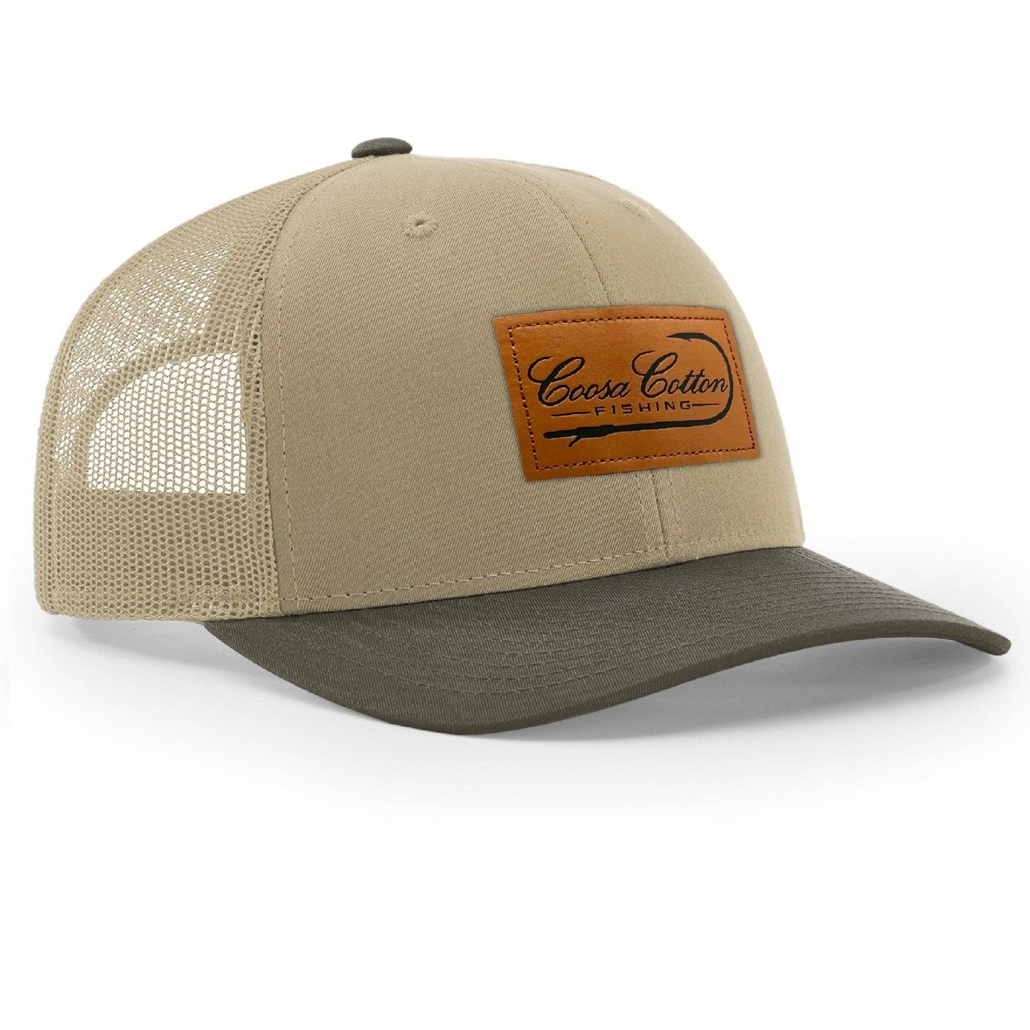 Leather Patch Trucker Hat- 2 Tone Khaki / Brown