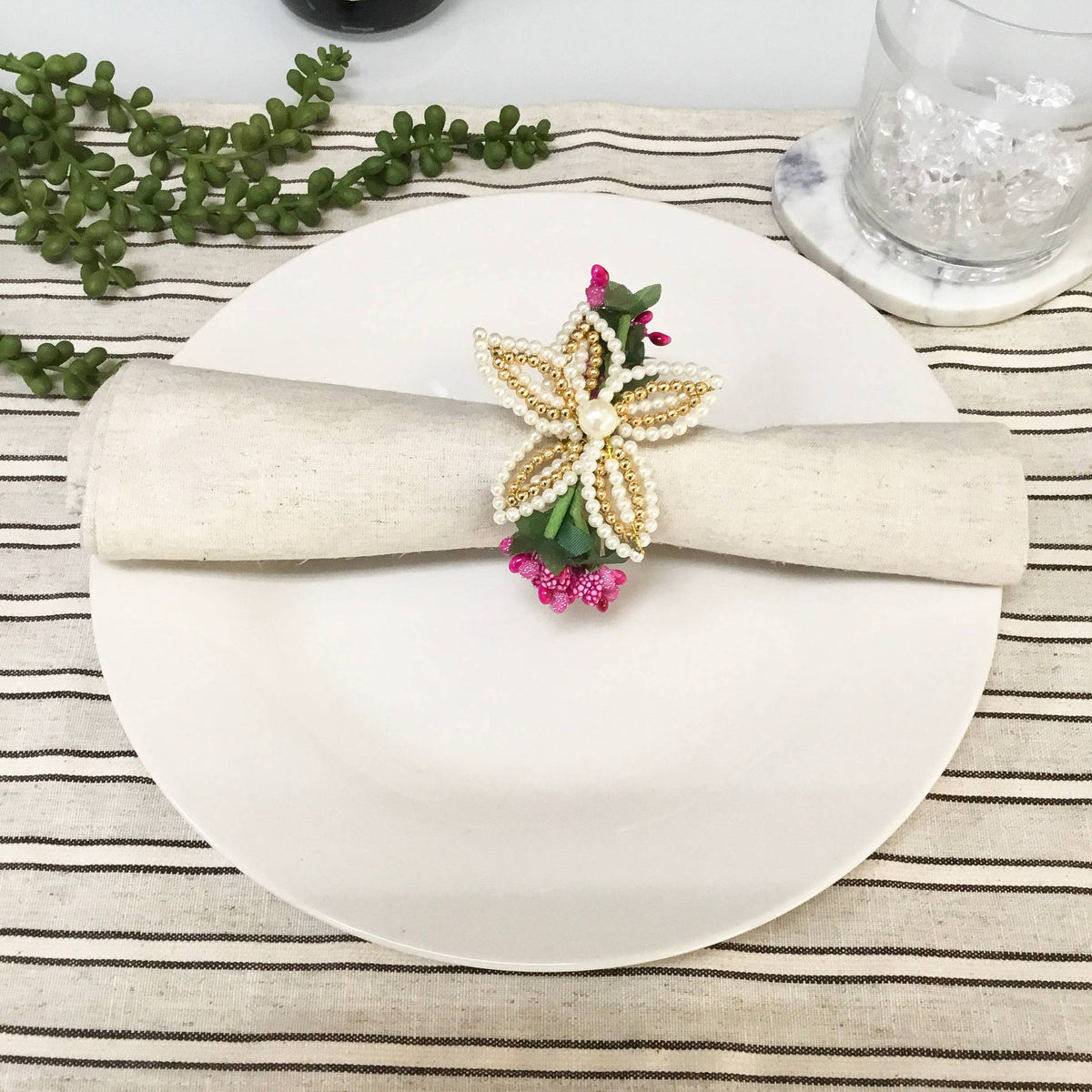 Pearl & Gold Lily Napkin Ring - Green & Pink