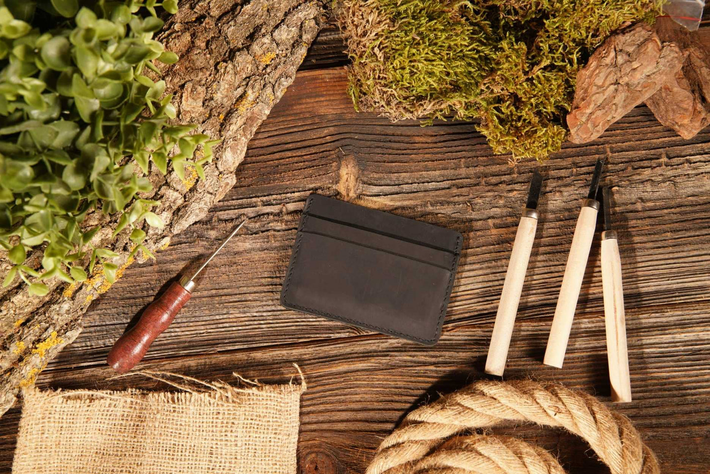 Leather Card Holder Wallet, Handmade Wallet for Men: Black
