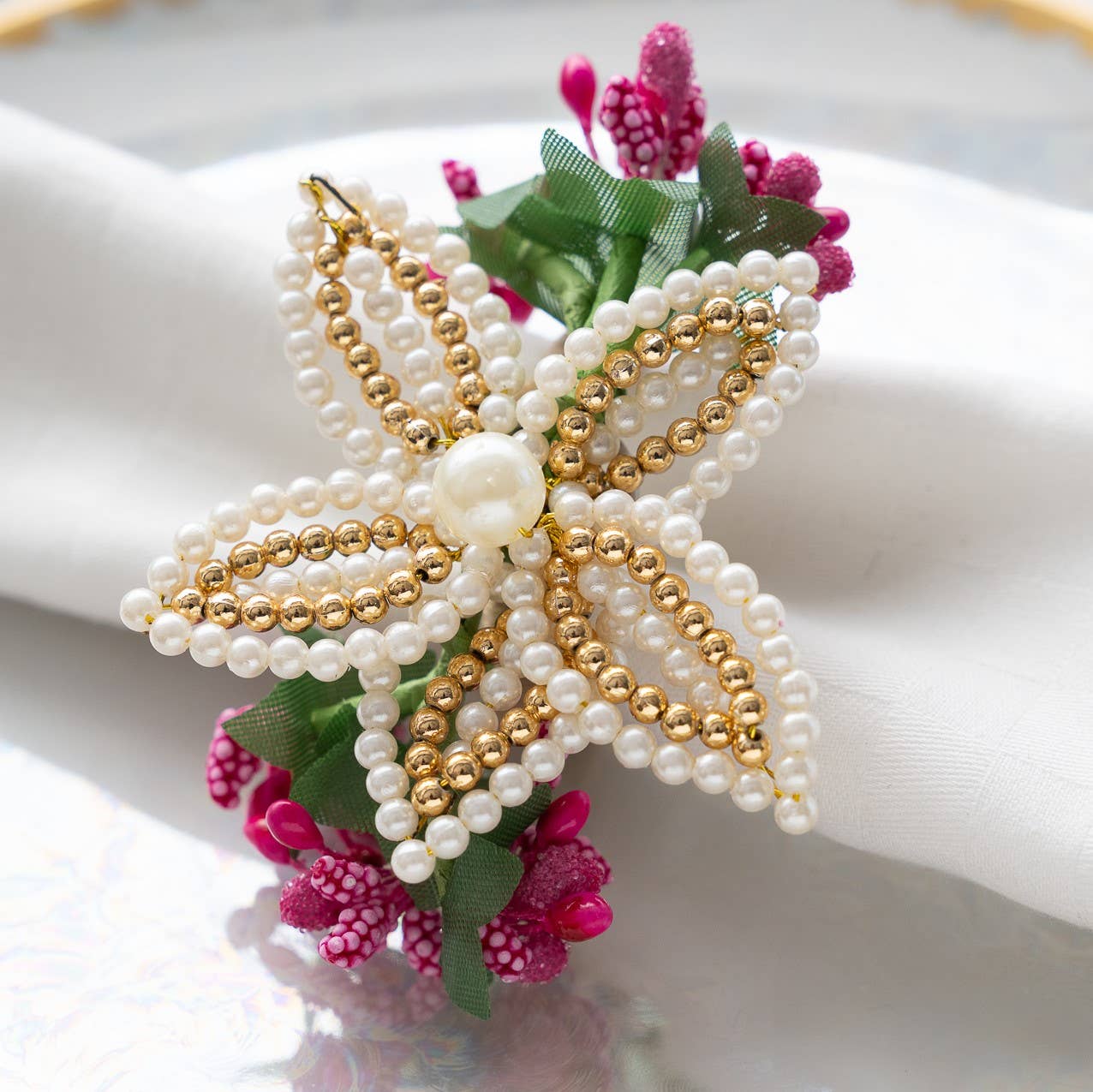 Pearl & Gold Lily Napkin Ring - Green & Pink