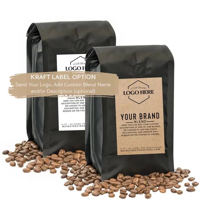 Custom Label Coffee Bags | Private Label | Branded 10 oz: Main Street Blend, Ground, Kraft Label