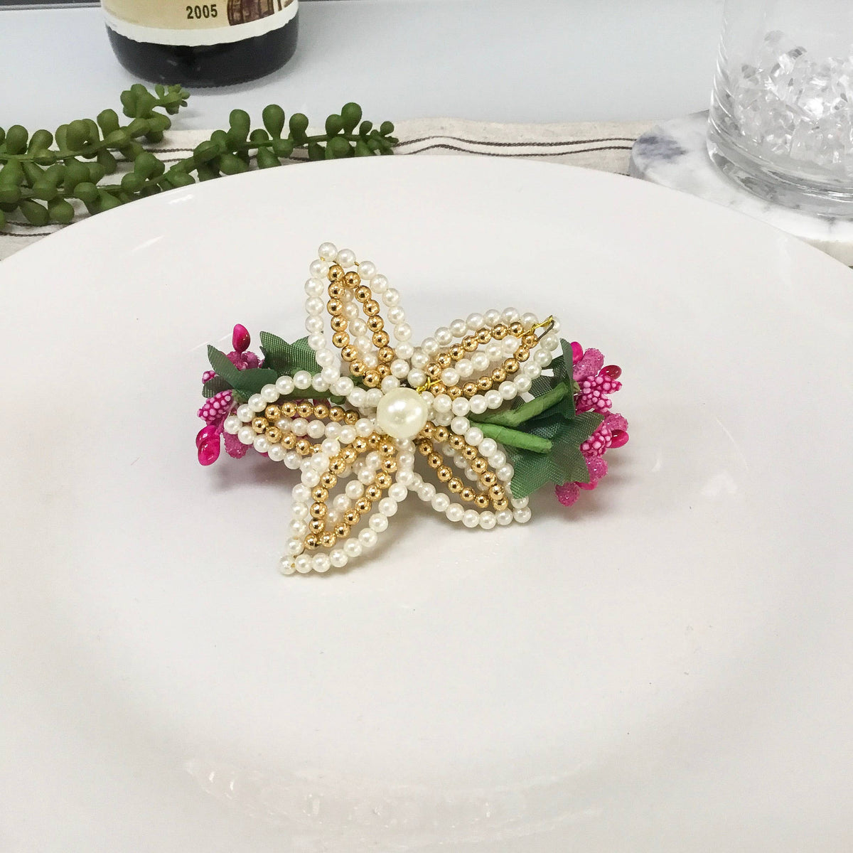 Pearl & Gold Lily Napkin Ring - Green & Pink